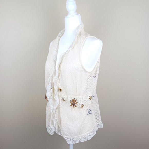 E by ECI| NWT Coastal Beachy Crochet Beaded Sheer Sleeveless Vest Cardigan Sz 14 - Picture 2 of 10